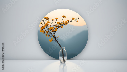 Minimalist floral arrangement with yellow flowers in a glass vase set against a circular backdrop of misty mountains creating a serene and modern aesthetic