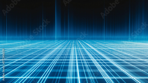 Minimalist blue digital floor grid extending into darkness, symbolizing data flow, futuristic environment and clear copy space for technology-themed design projects.