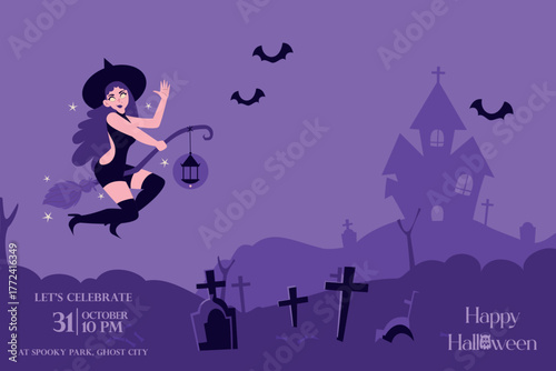 Horizontal vector banner or invitation background for a Halloween event. Features a witch on a broomstick flying over a cemetery and haunted house silhouette.