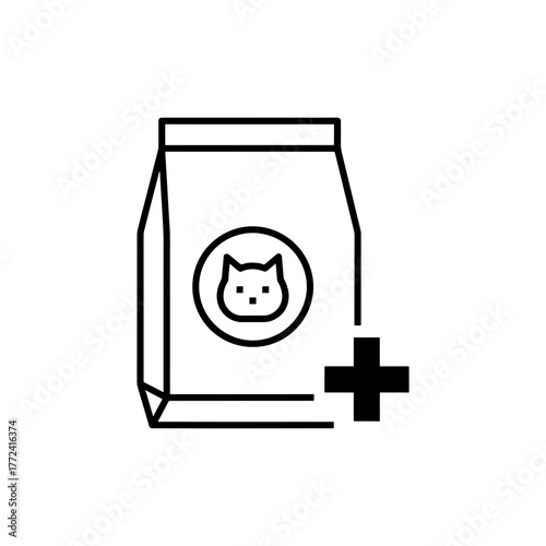 Premium cat food bag with plus symbol offers extra nutrition, health and wellness for happy feline pets. A smart choice for pet owners who care.