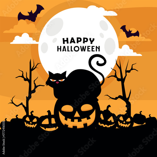 Square illustration for Halloween featuring a black cat perched on a large jack-o-lantern. Spooky background with bats leafless trees and a huge full moon.
