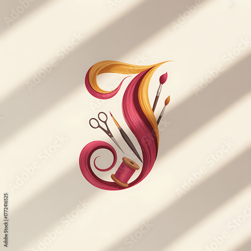 Stylized letter J formed by flowing hair and art supplies scissors