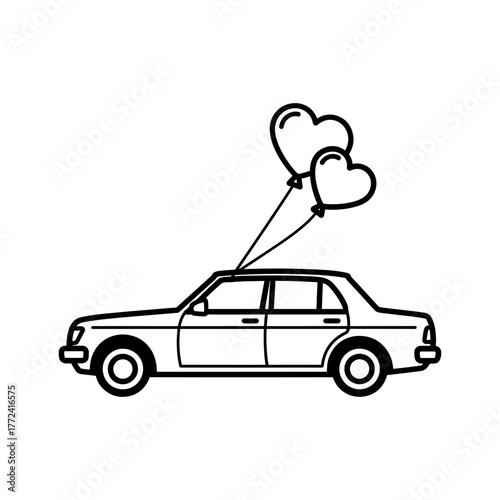 Just married car with heart balloons symbolizing love and celebration, perfect for wedding invitations, anniversary cards, or romantic designs