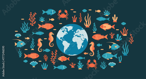 A flat illustration of a blue globe surrounded by diverse marine animals and plants, symbolizing ocean biodiversity and environmental protection.