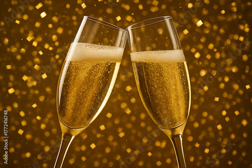 Two champagne glasses clinking with golden confetti background. 