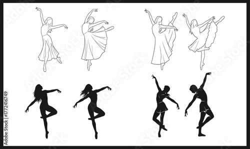 Graceful Ballet Dancer and Modern Dance Silhouette Set - Vector Illustration