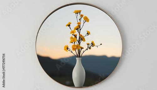 Yellow flowers in a white vase reflected in a round mirror showing a mountain landscape at sunset creating a peaceful and artistic composition