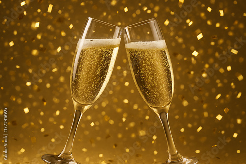 Two champagne glasses clinking with golden confetti background. 