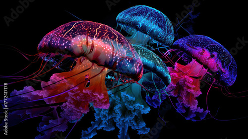 Wallpaper Mural Vibrant jellyfish illuminate dark ocean depths showcasing stunning reef system with their colorful sand like textures and flowing tentacles Torontodigital.ca