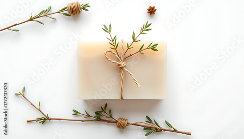 Handmade soap bar with natural twine and botanical accents minimalist spa product isolated on white background