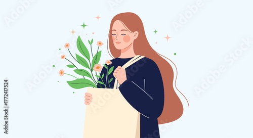 Woman with long hair holding a tote bag filled with flowers and greenery, looking content and relaxed.
