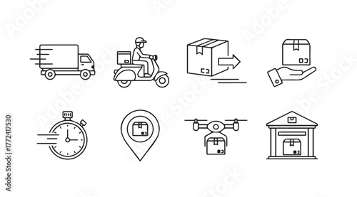 Set of hand drawn logistics and delivery service icons featuring trucks scooters drones boxes and warehouses vector