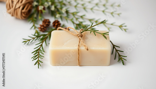 Handmade soap bar with natural twine and evergreen sprigs a rustic and eco-friendly spa concept isolated on white