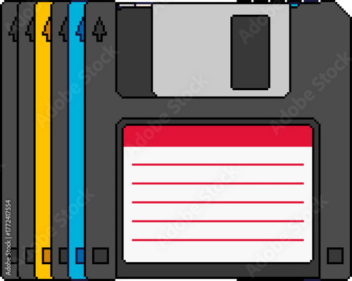 Stack of colorful floppy diskettes in pixel art style. Vintage computer storage symbol, isolated vector illustration for digital design, retro technology projects and nostalgic themes.