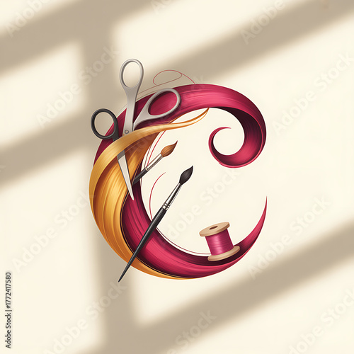 Abstract C shape with scissors paintbrushes and thread spool logo
