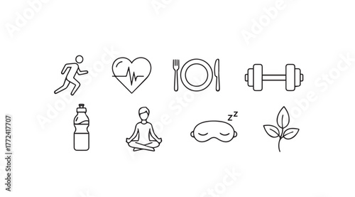 Healthy lifestyle icons representing fitness nutrition sleep and well-being for wellness concepts vector