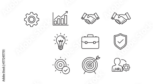 Set of hand drawn business icons featuring growth goals strategy and teamwork concepts vector
