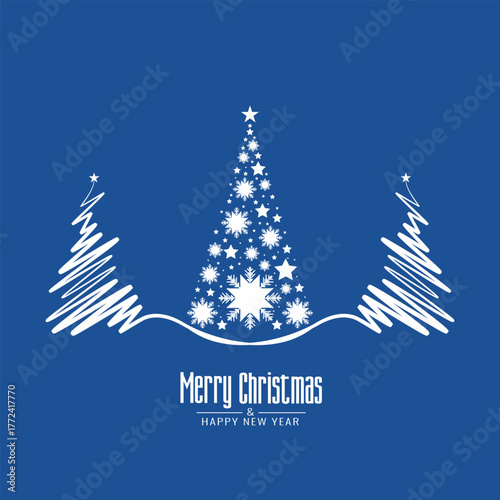 Merry Christmas and Happy New Year Greeting Card with Starry Snowflake Tree on Blue Background — Festive Winter Holiday Design for Seasonal Celebration and Greetings