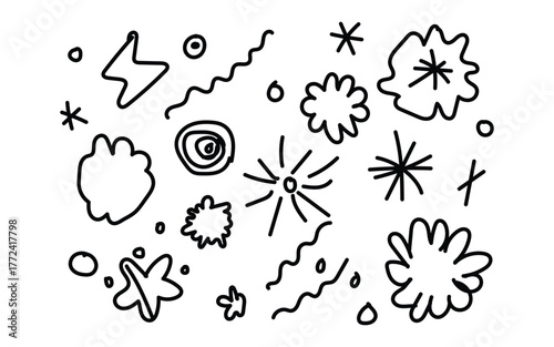 Abstract hand drawn doodle shapes and stars in black and white sketch style
