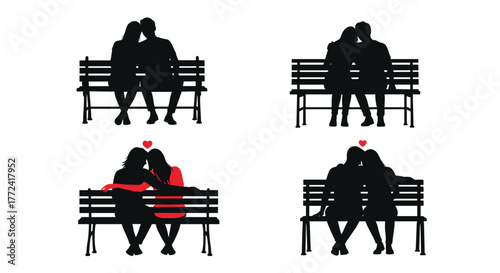 Romantic couples silhouette images sitting on park benches, showing love and affection; vector illustration.