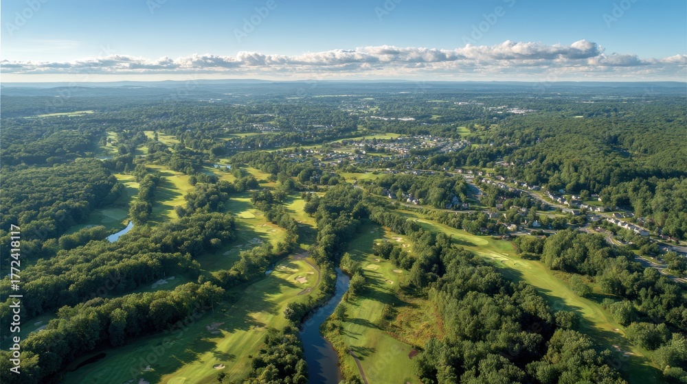 Fototapeta premium Stunning Aerial View of Golf Course in Monroe, New Jersey Showcasing Lush Greens Under Clear Sky