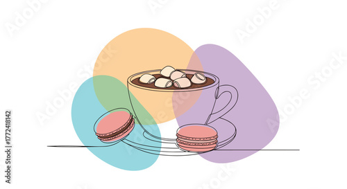 Whimsical hot chocolate and macarons illustration in pastel shades; features a cup with marshmallows and two macarons on a single line drawing.