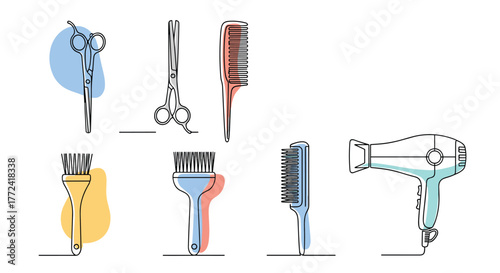 Stylized drawings of hair stylist equipment including combs, hair dye brush applicators, hair dryer, and scissors on a white background.