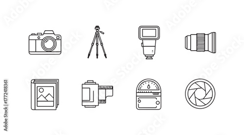 Collection of camera equipment icons for photography enthusiasts and professionals vector