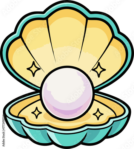 Sparkling Pearl in Open Cartoon Shell Vector Illustration