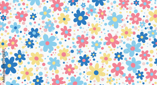 Cute pastel floral pattern with scattered dots and flowers in pink, blue, and yellow.
