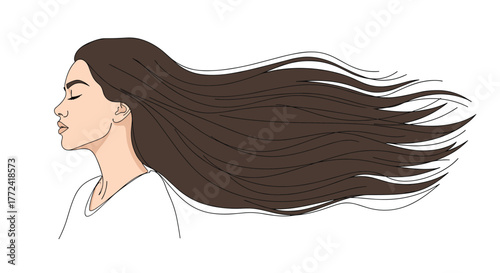 Woman with flowing brown hair, profile view, illustration against a white background, concept of beauty and freedom.