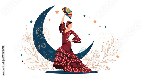 Flamenco dancer elegantly performs with a fan, adorned with flowers and stars around a crescent moon, capturing a festive and cultural evening.
