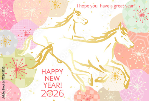 日本の新年のベクターイラスト　2026年　いろいろな和柄の梅の花と馬