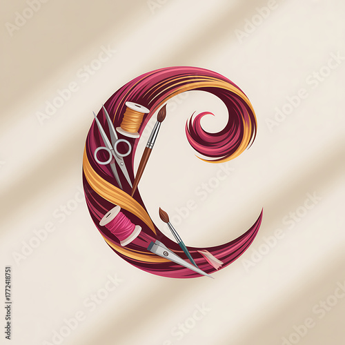 Abstract letter C formed by flowing strands with sewing and art tools hair yarn