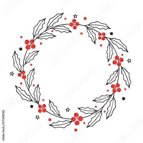 Delicate hand-drawn Christmas wreath made of holly leaves and red berries, representing tradition, festivity, and the welcoming spirit of the holiday season.