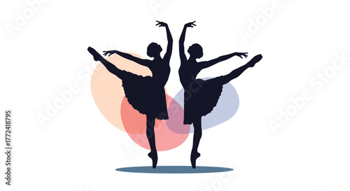 Silhouettes of two ballet dancers in a graceful pose with abstract colored circles in the background.