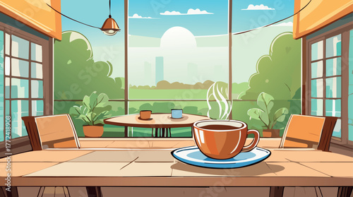 Coffee on table with sunny cafe window view