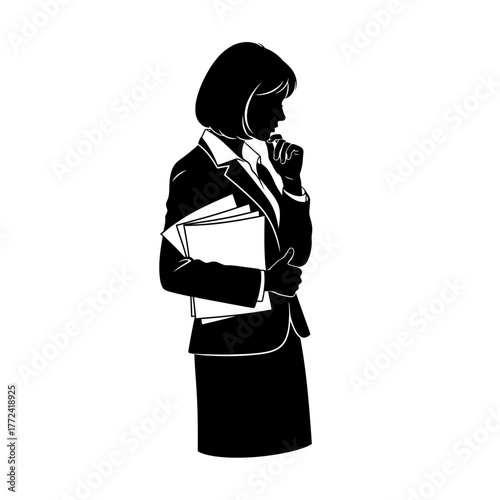 Pensive Woman in Business Suit Holding Documents Thinking Silhouette for Strategy