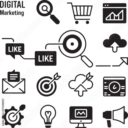 Digital marketing icons set for online business growth and strategy
