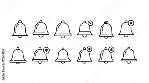 Collection of bell notification icons with new alert badges and off indicators vector