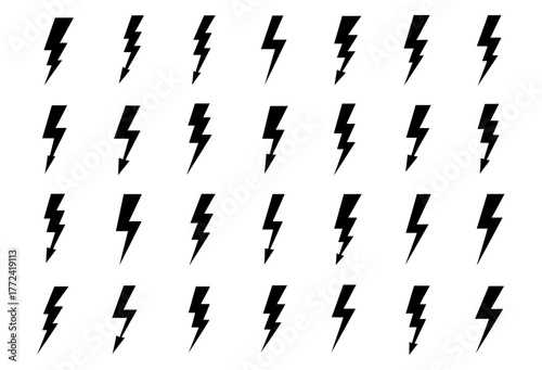 Set of black lightning bolt icons in various shapes