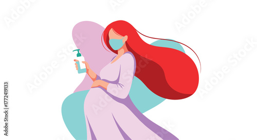 A pregnant woman wearing a mask and holding hand sanitizer to practice hygiene and protection during the COVID-19 pandemic.