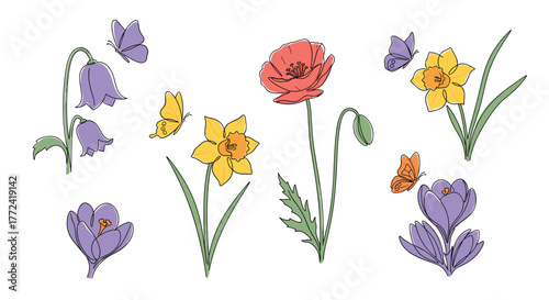 Illustration of spring flowers including bluebells, crocuses, daffodils, and a poppy, with butterflies fluttering among the blossoms.