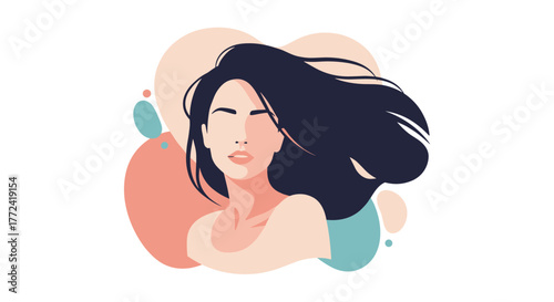 Minimalist illustration of a woman with dark hair blowing in the wind against a backdrop of abstract shapes.