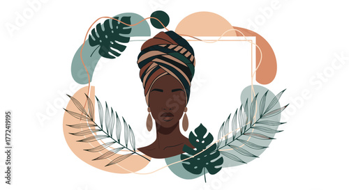 Flat illustration of a woman wearing a colorful headwrap surrounded by tropical leaves and abstract shapes.