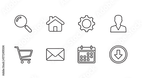 Collection of outline web icons including search house gear user cart envelope calendar and download for digital design vector