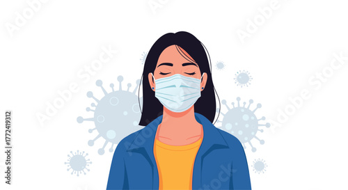 Illustration of a young woman wearing a protective face mask amidst floating coronavirus particles, representing health and safety during the pandemic.