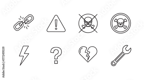 Hand drawn warning danger danger skull question mark broken heart tools icons set collection vector