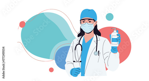 Female medical professional with a scrub cap, face mask, glasses, and stethoscope holds a bottle of hand sanitizer, promoting hygiene and safety.