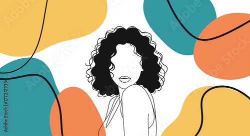 A modern minimalist illustration depicts a woman with expressive curly hair, framed by vibrant abstract organic shapes.